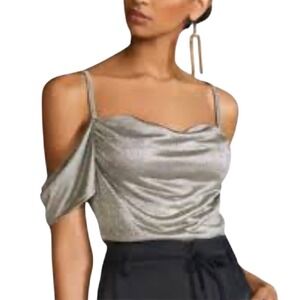 ANTHROPOLOGIE Women's Metallic Cowl Drape Neck Off Shoulder Top Size S